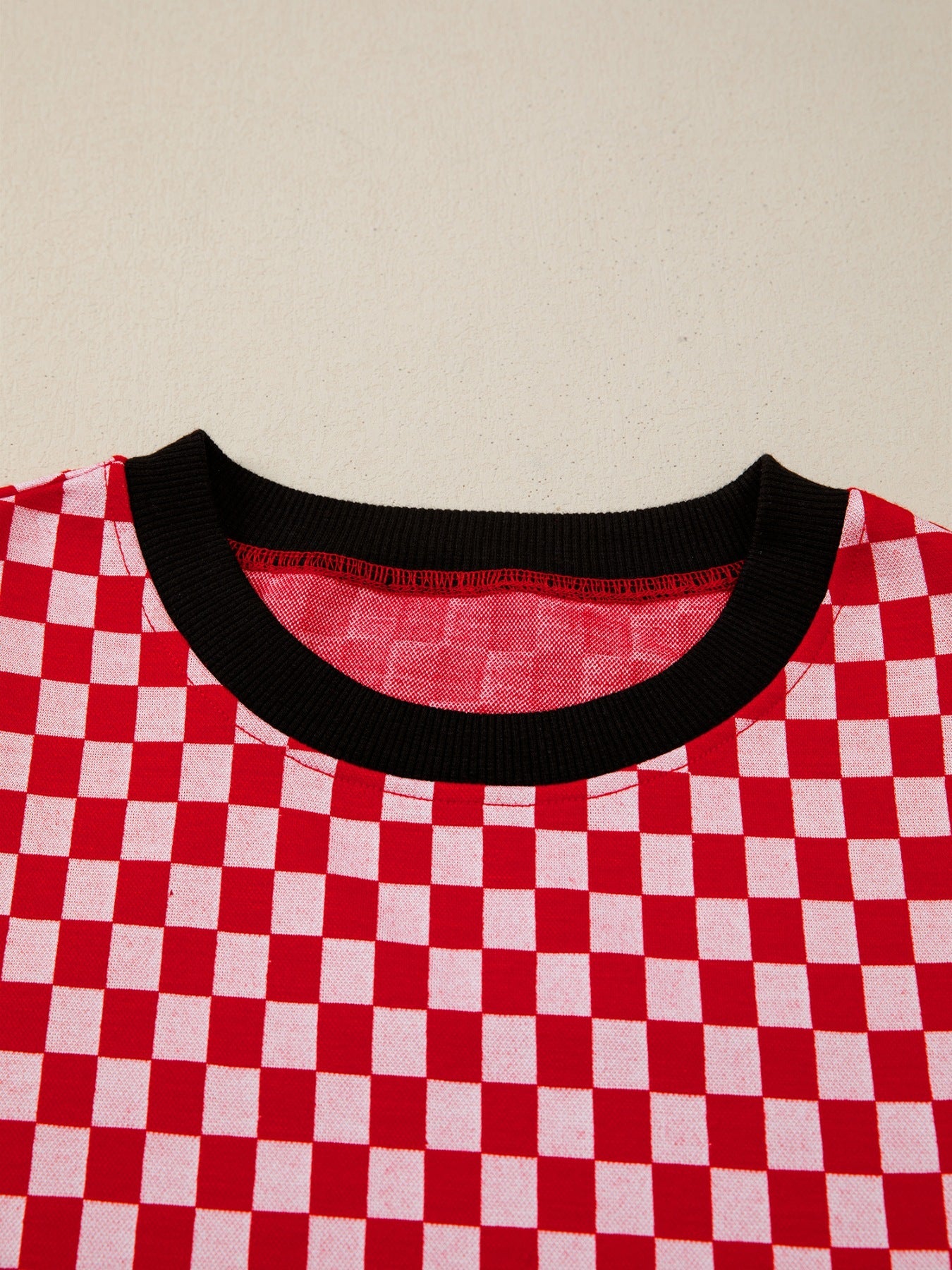 Checkered Print Ruffle Cap Sleeve Contrast Trim Round Neck Top 
