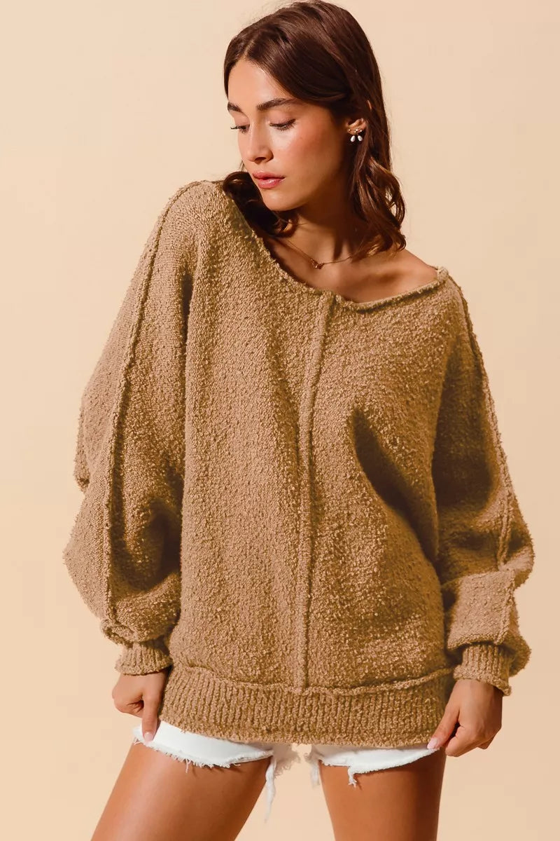 SO ME Loose Fit Exposed Seam Slouchy Boucle Sweater 