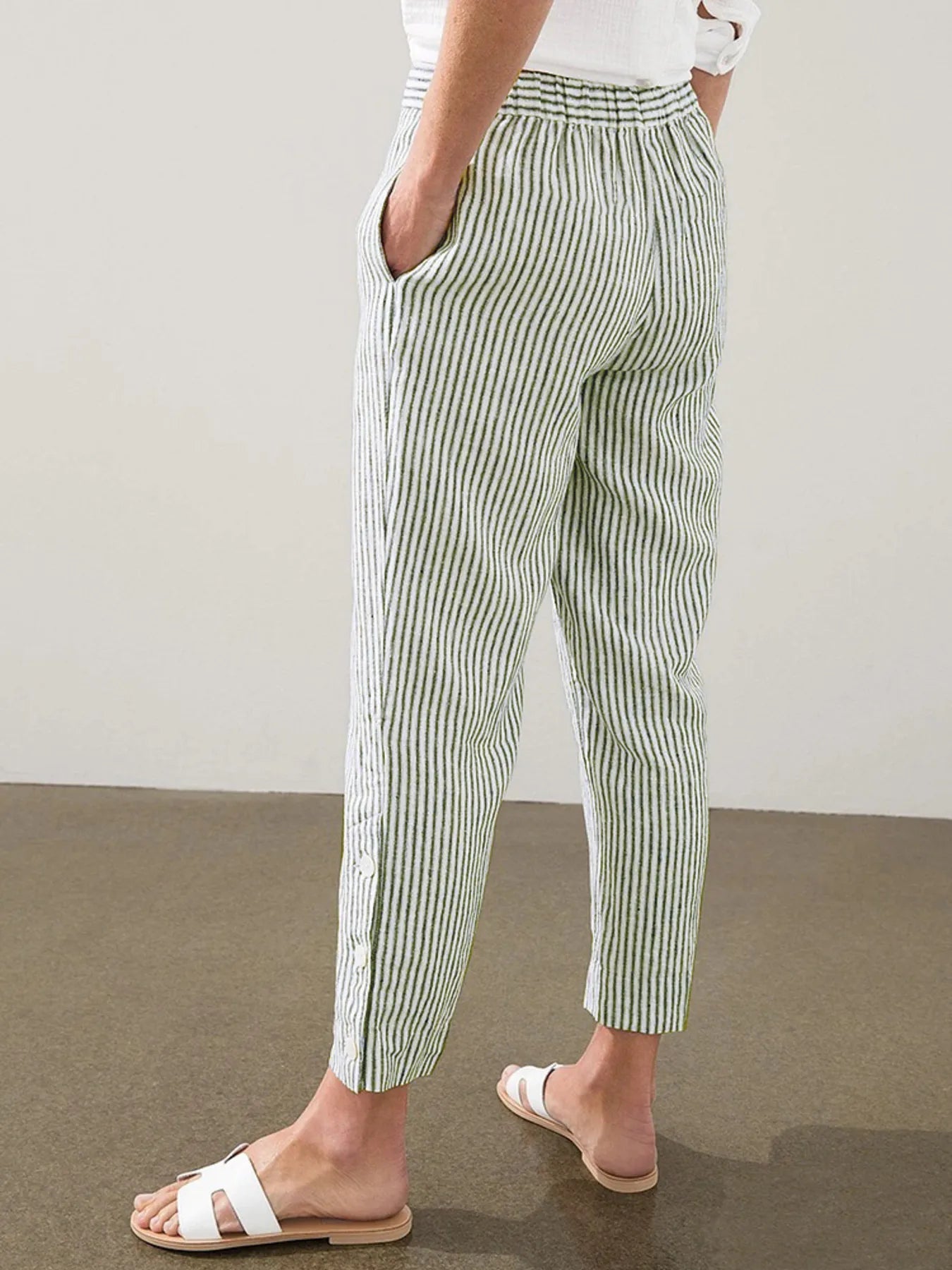 Full Size Striped Side Button Detail Pants Plus Size 