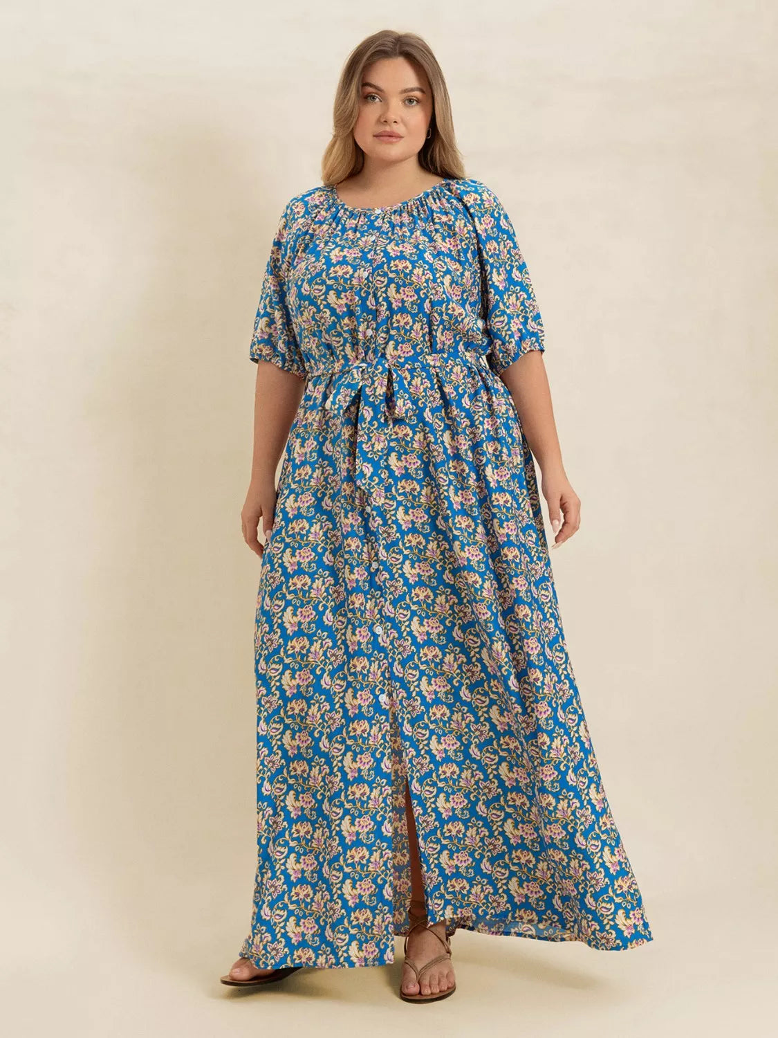 Plus Size Floral Print Maxi Dress with Side Slit 
