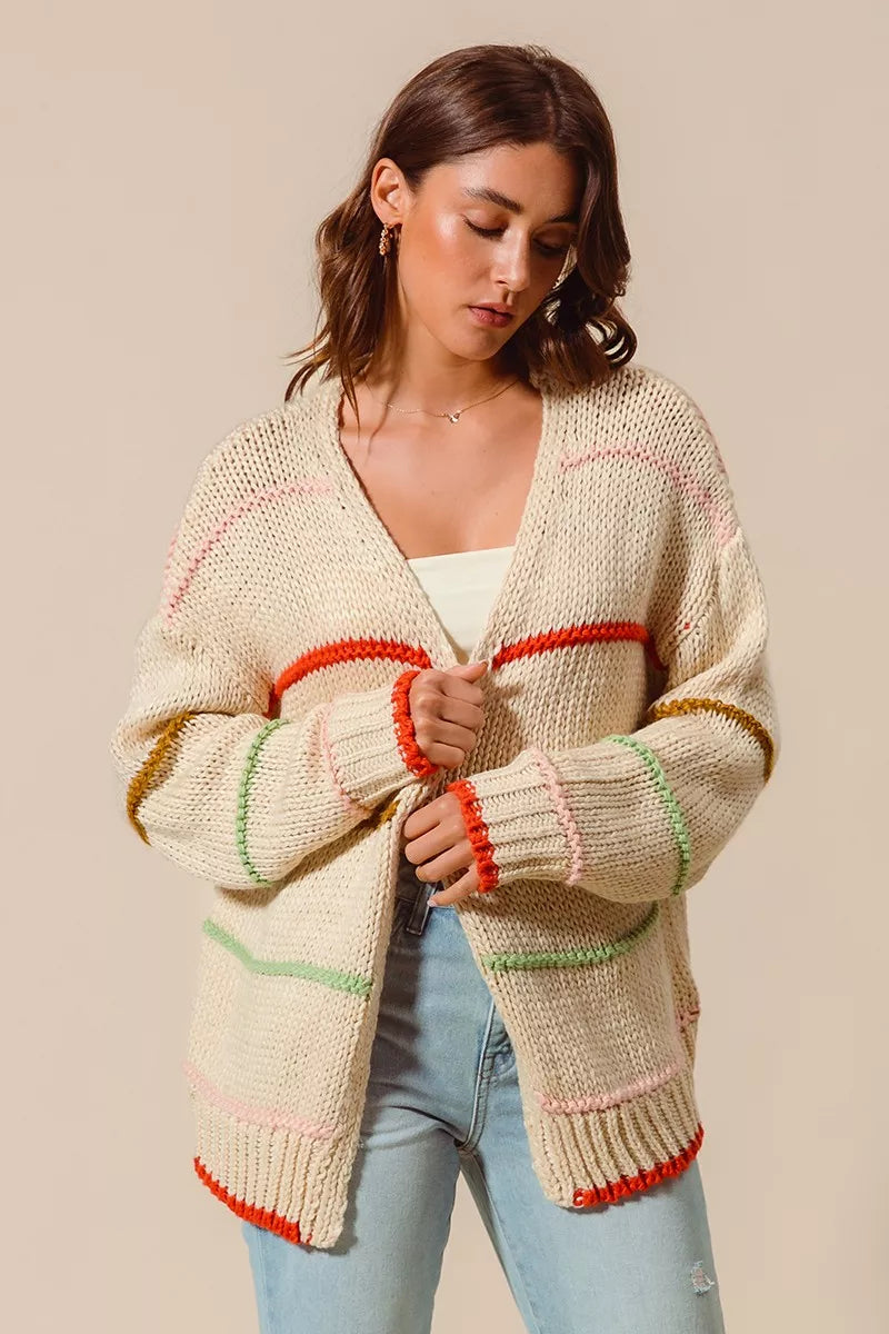 SO ME Loose Fit Multi Stripe Open Front Cardigan 