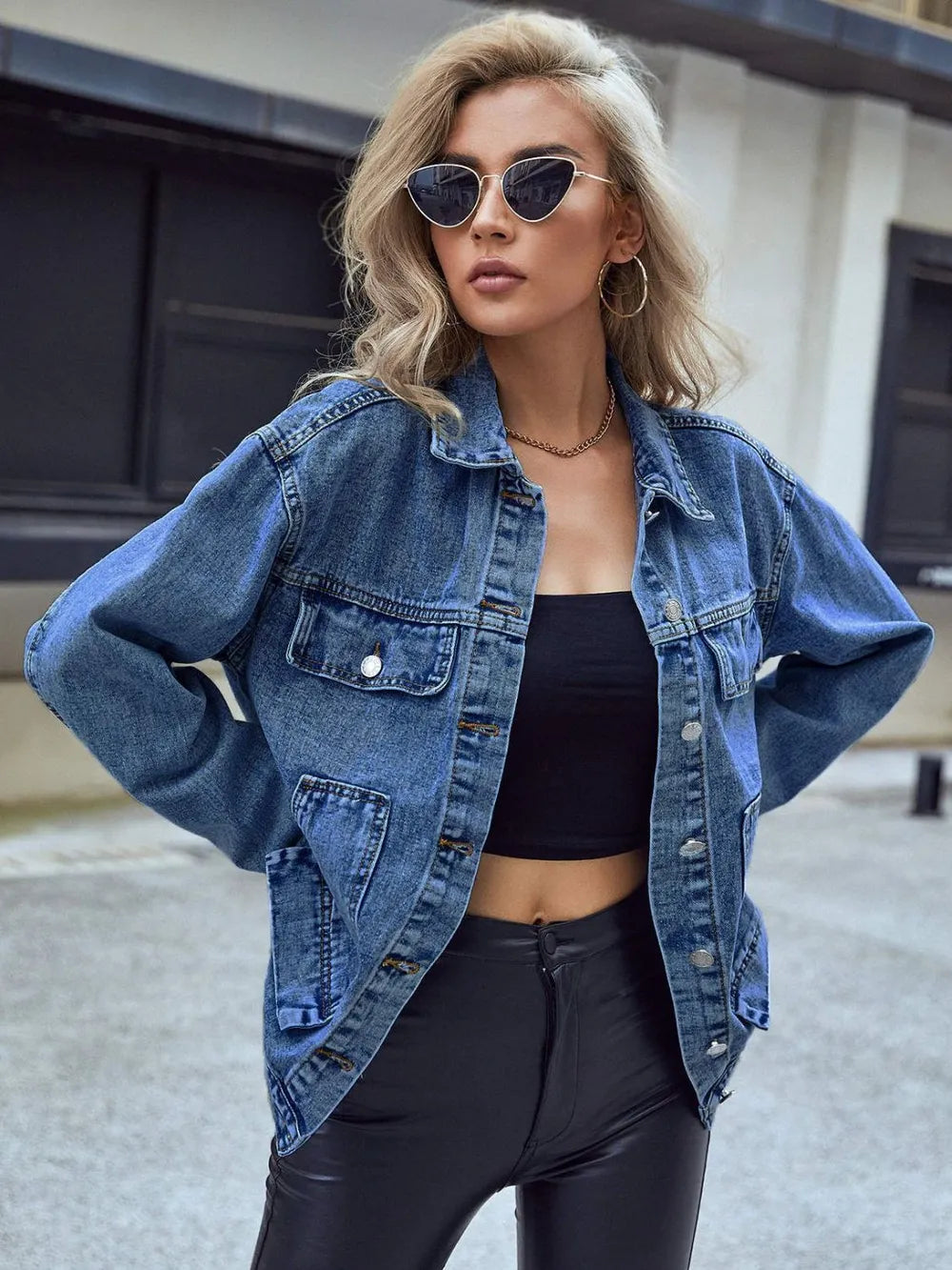Pocketed Button Down Collared Neck Denim Top 