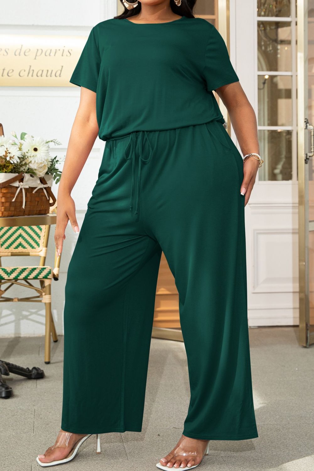 Plus Size Drawstring Waist Short Sleeve Jumpsuit 