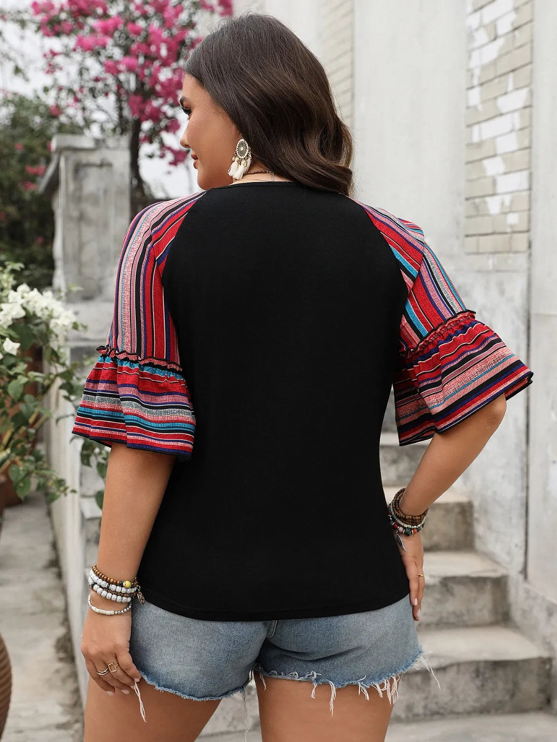 Plus Size V-Neck Flounce Sleeve Top 