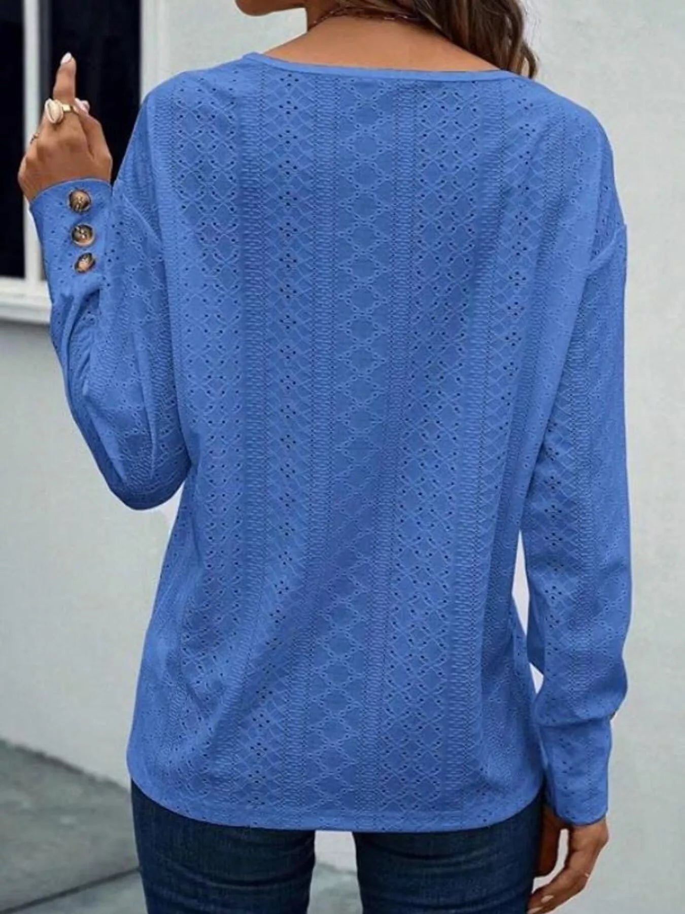 Eyelet V-Neck Long Sleeve Blouse 