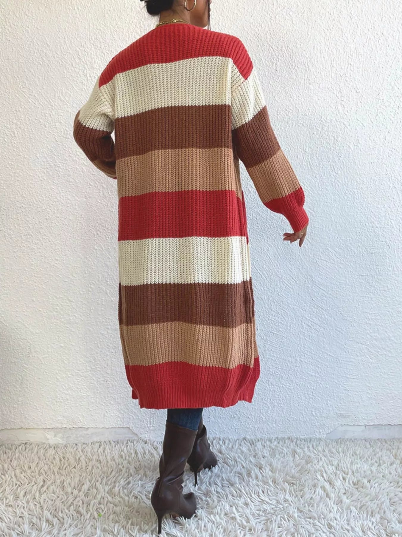 Striped Color Block Open Front Knit Cardigan 