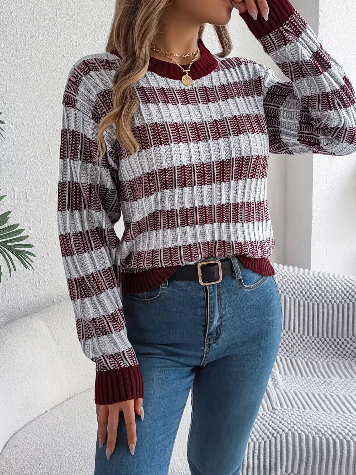 Striped Round Neck Long Sleeve Sweater 