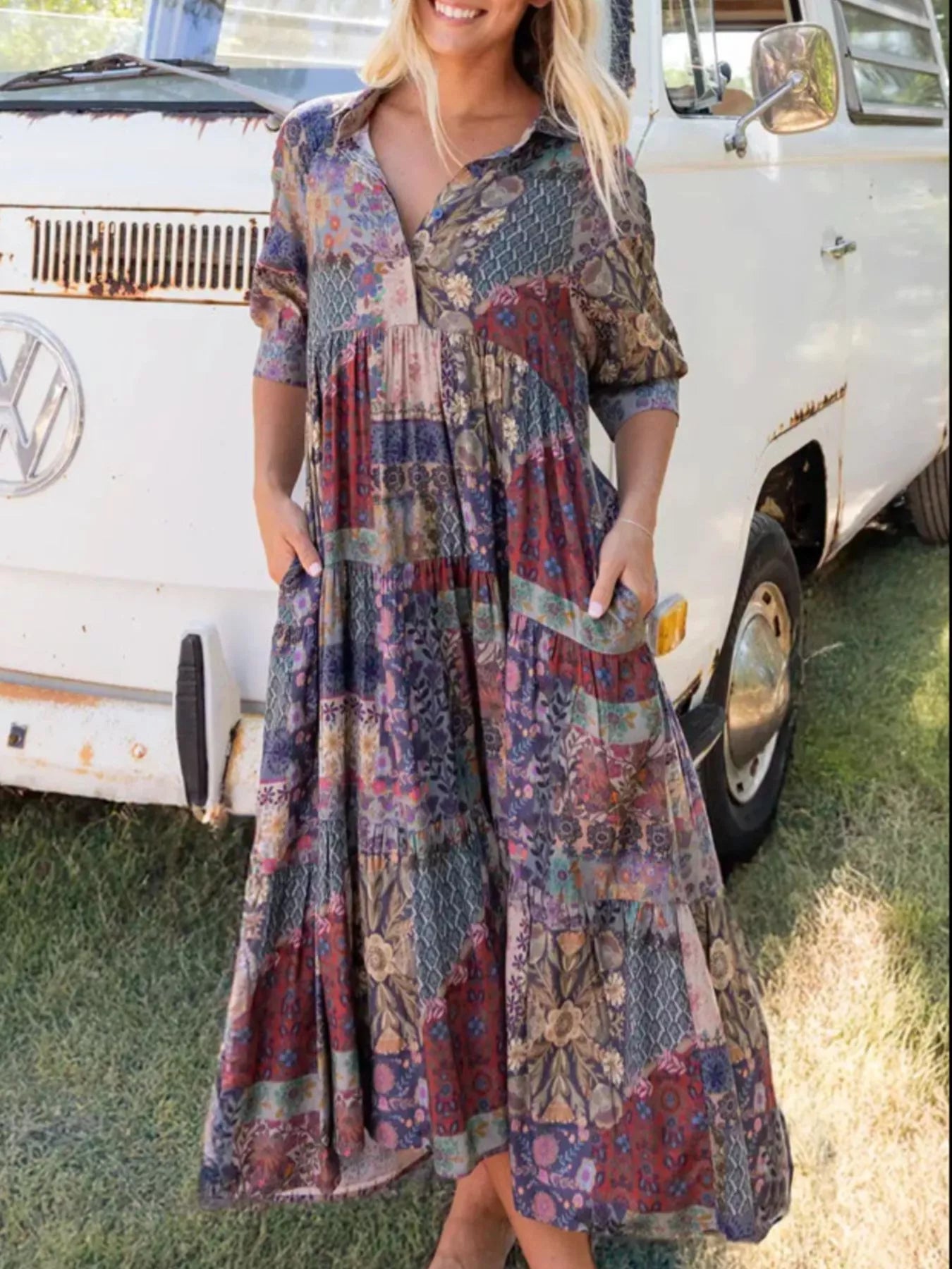 Full Size Printed Half Sleeve Midi Dress Plus Size 
