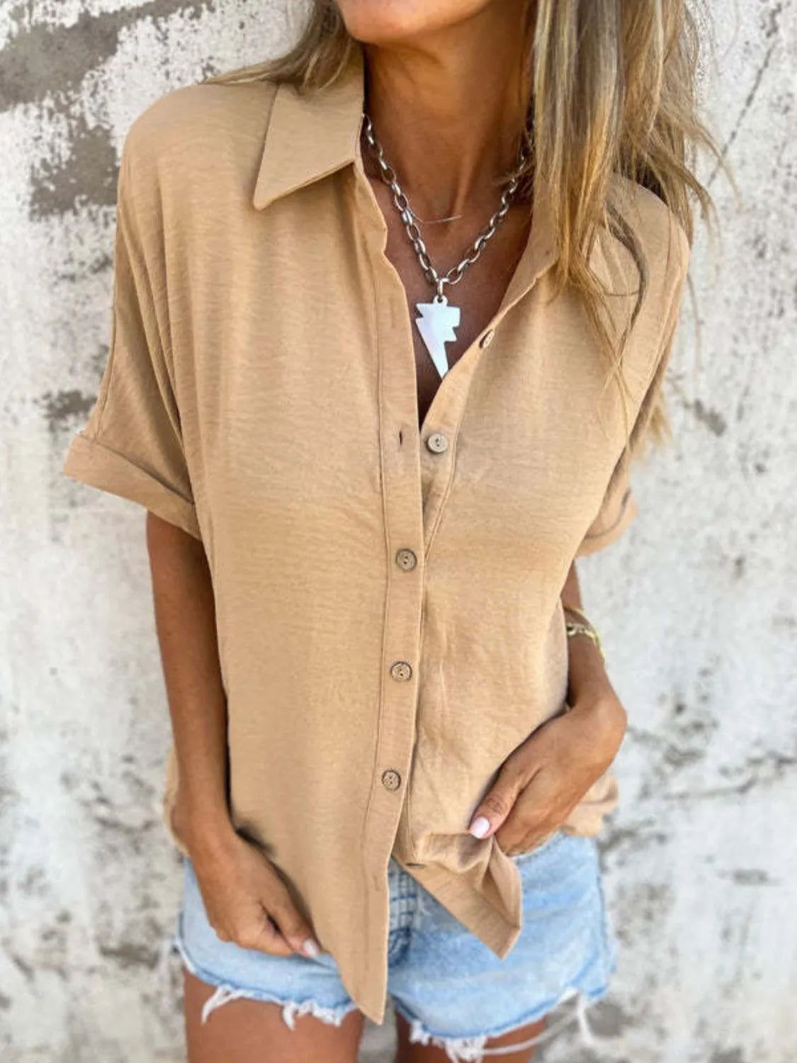Full Size Collared Neck Half Sleeve Shirt Plus Size 