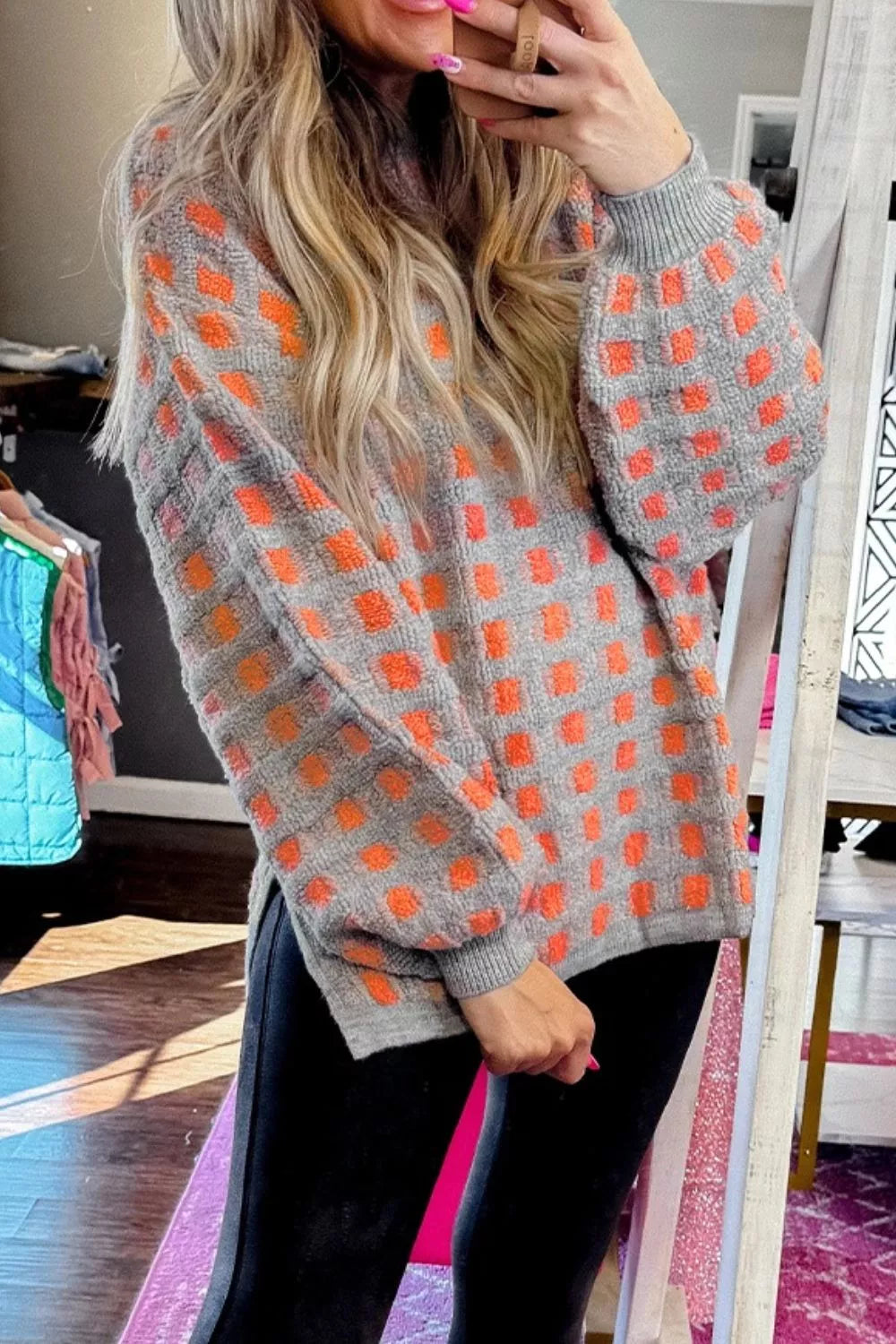 Plaid Round Neck Dropped Shoulder Sweater 
