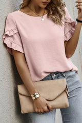 Solid Color Ruffle Trim Short Sleeve Blouse 