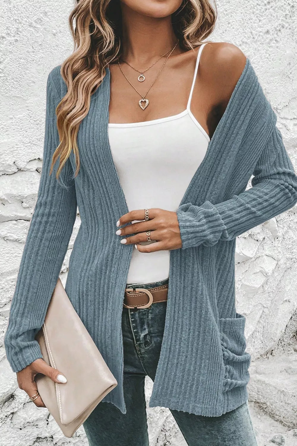 Ribbed Knit Open Front Cardigan with Pockets 