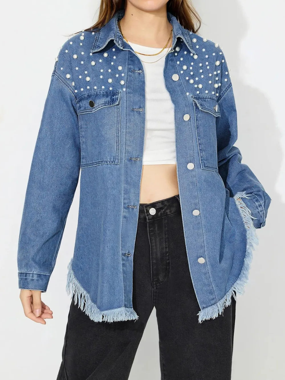 Raw Hem Pearl Trim Collared Neck Denim Top 
