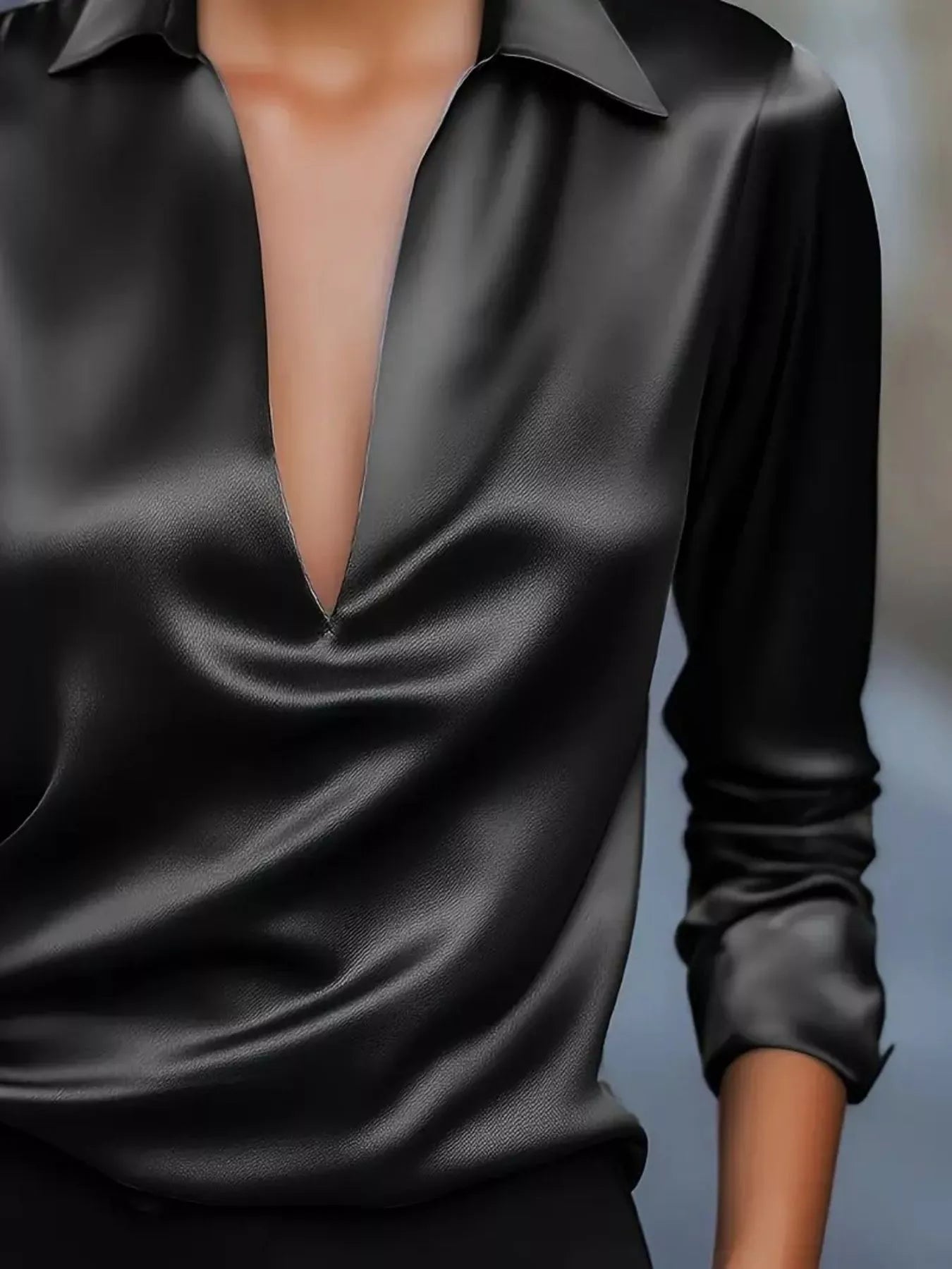 Satin Johnny Collar Long Sleeve Blouse 