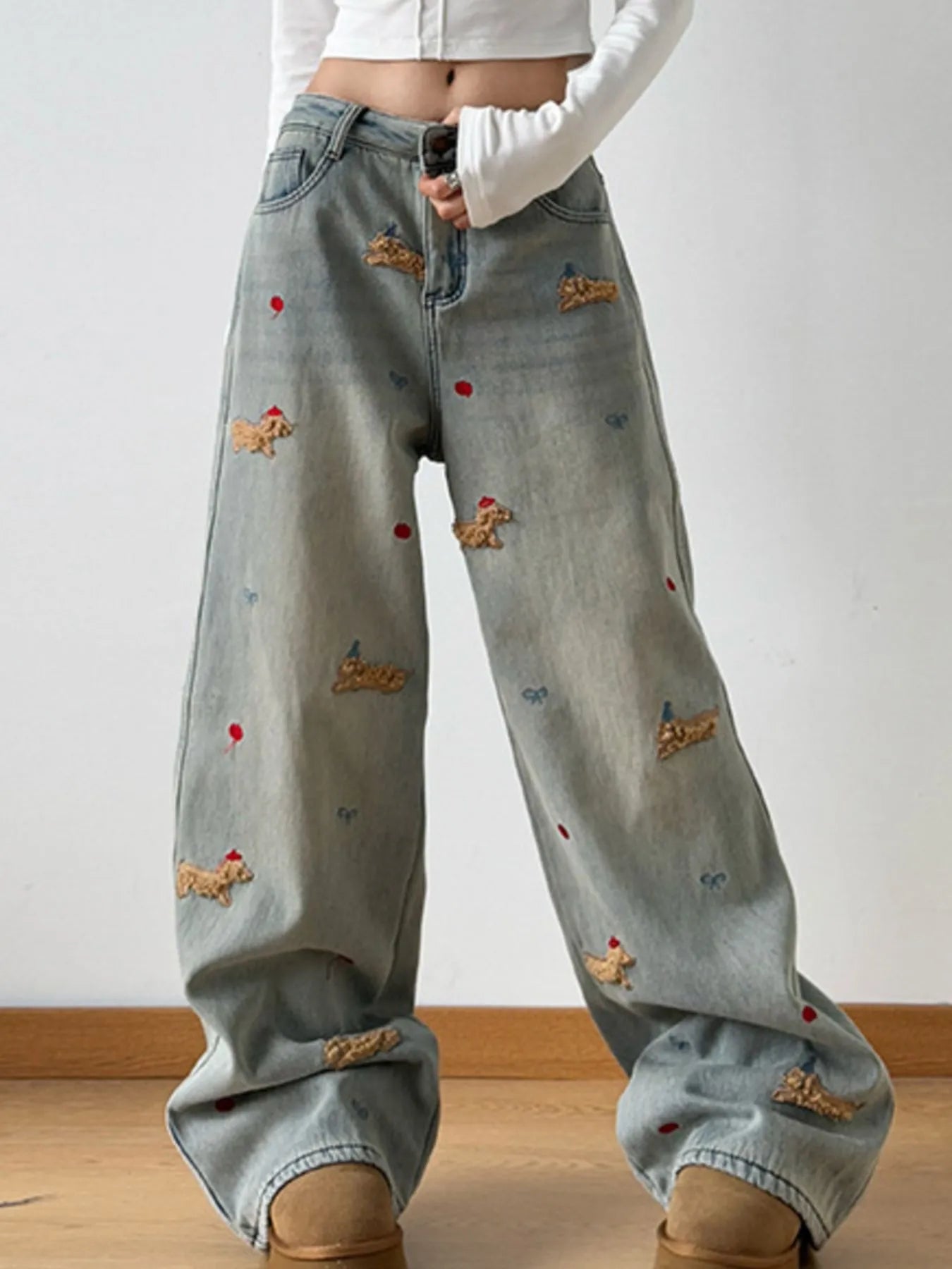 Embroidered Wide Leg Jeans 