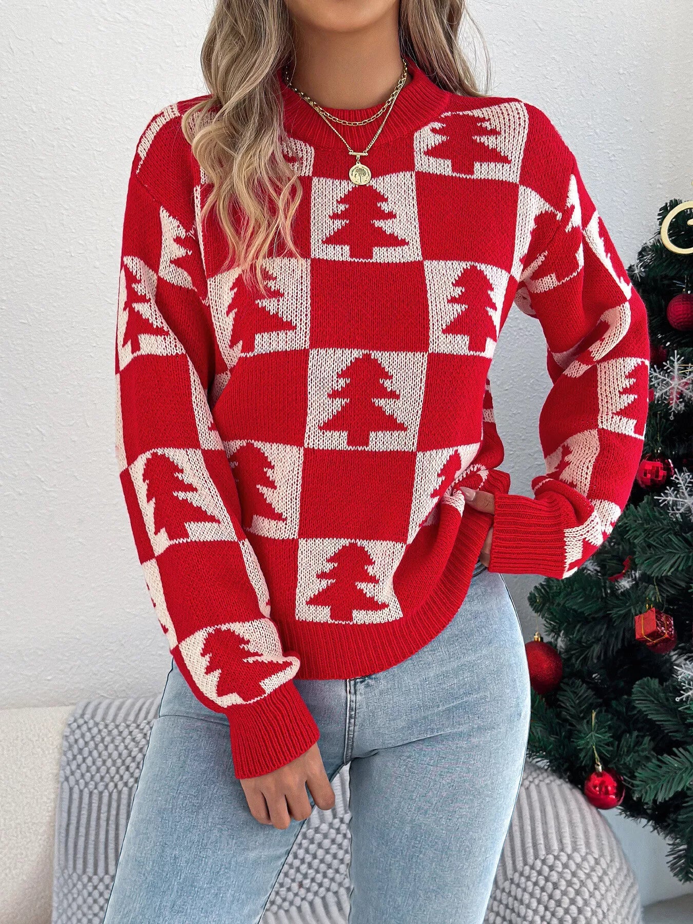 Christmas Tree Checkerboard Pattern Sweater 