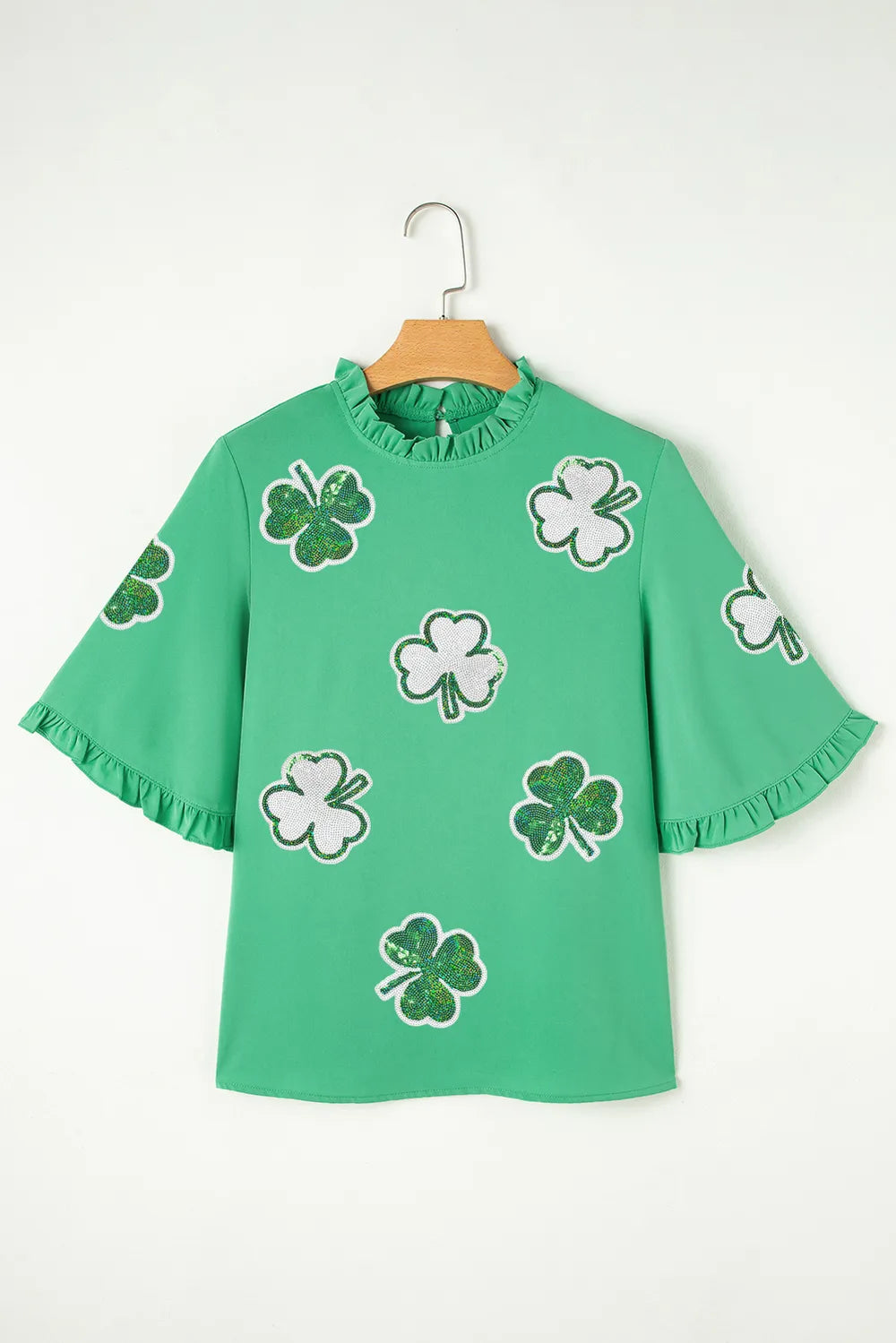 Sequin Clover Graphic Ruffled Trim Bell Sleeve St Patrick Blouse 