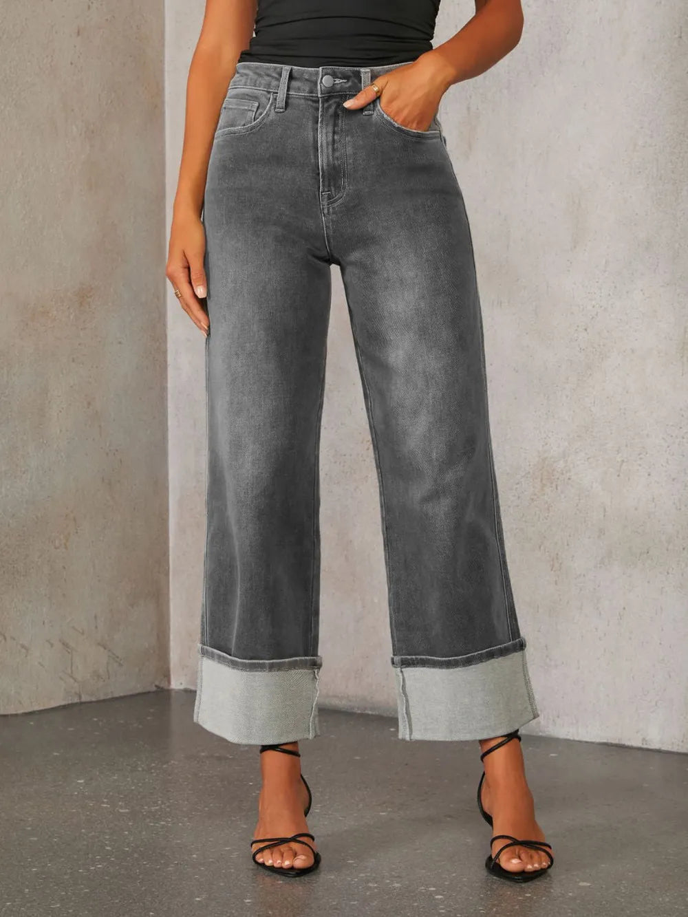 High Waisted Straight Leg Rolled Jeans 