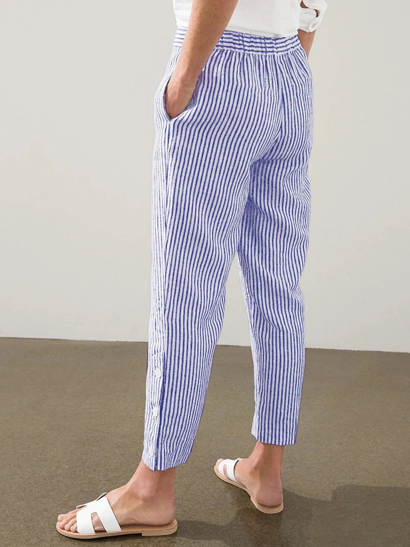 Full Size Striped Side Button Detail Pants Plus Size 