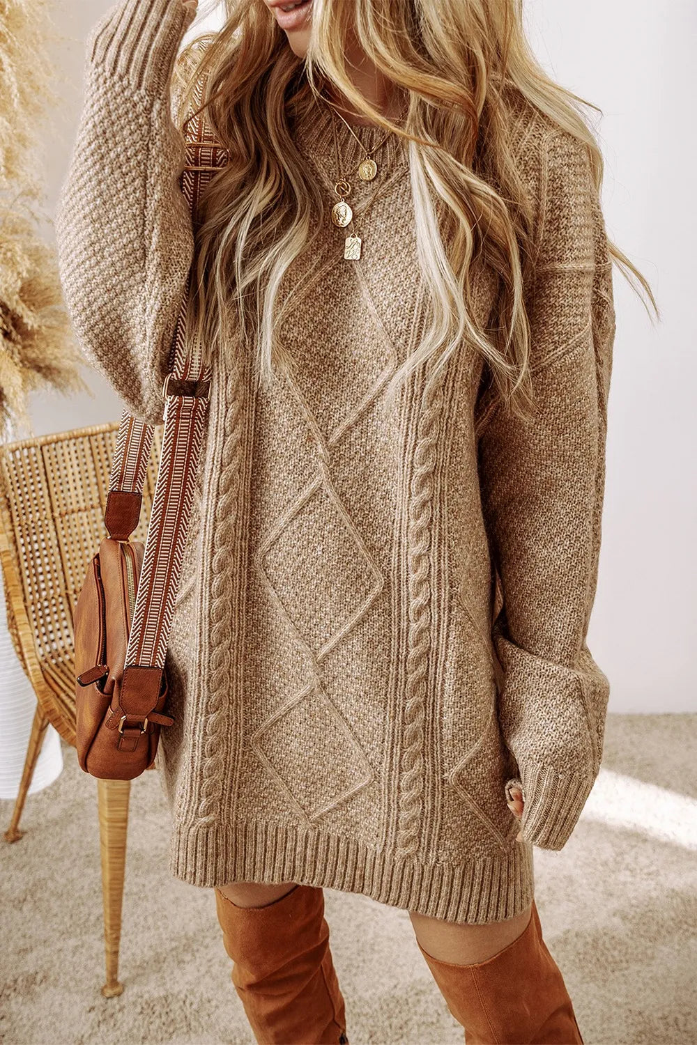Cable-Knit Round Neck Sweater Dress 