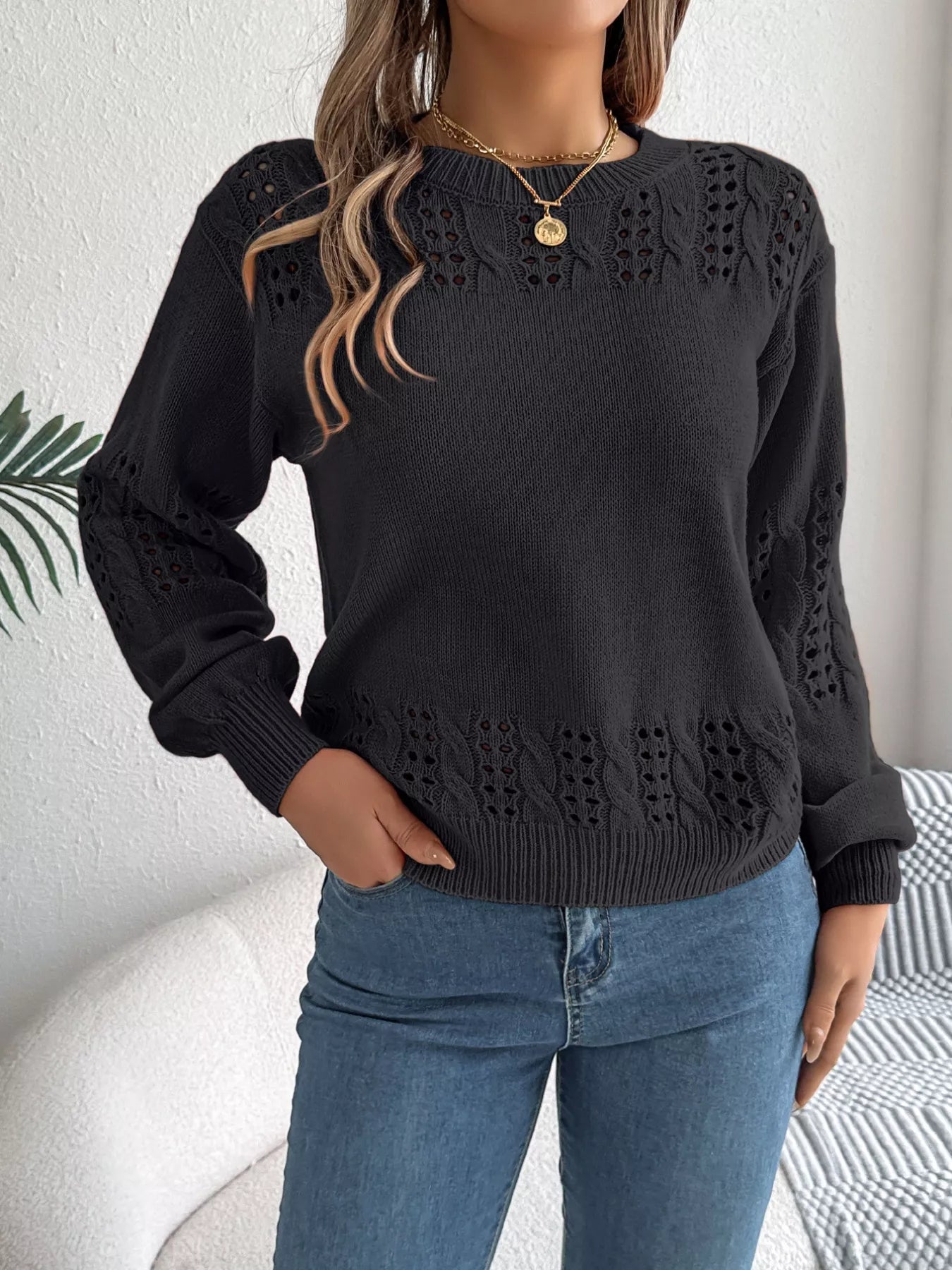 Hollow Out Eyelet Long Sleeve Sweater 
