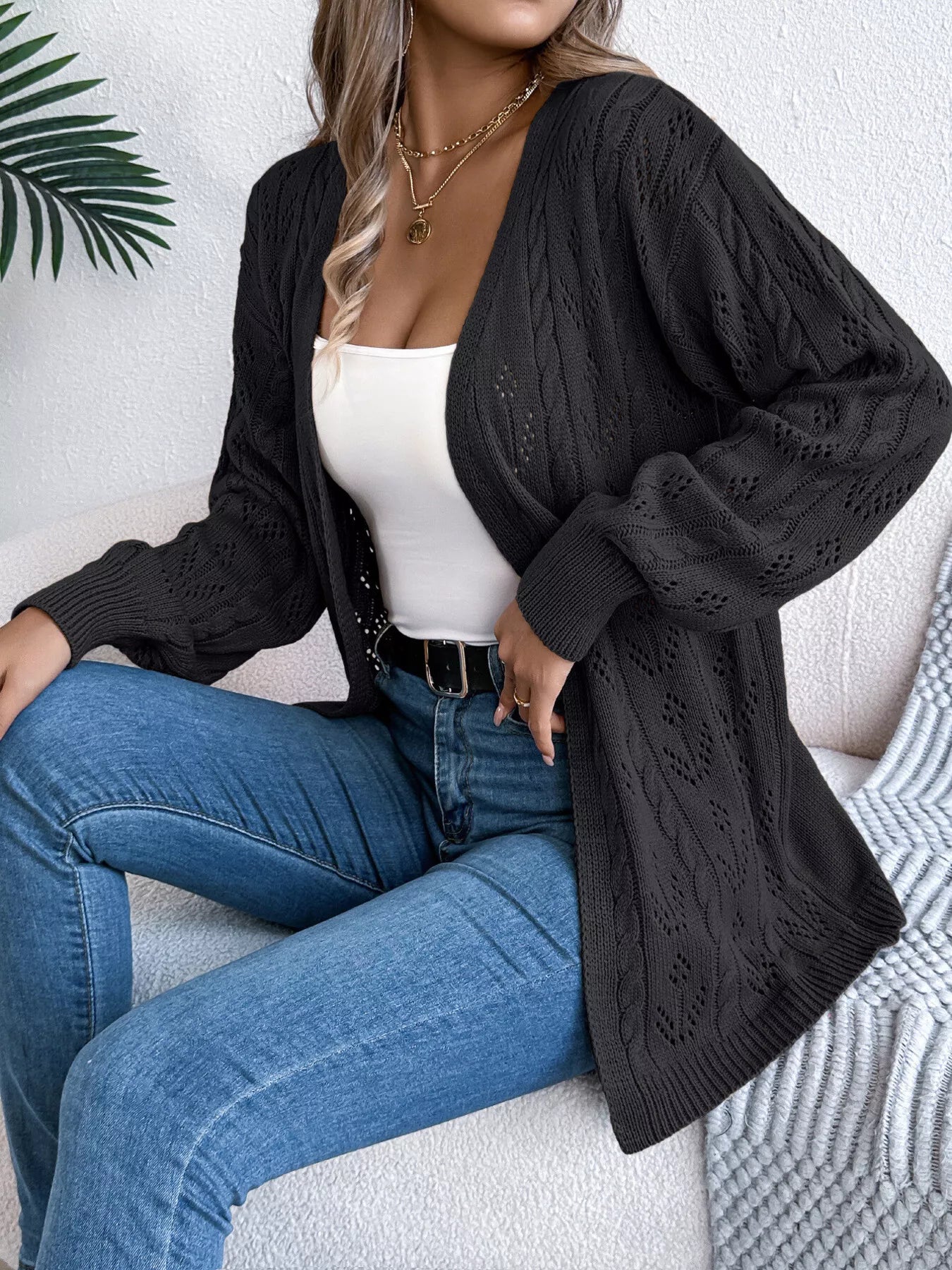 Openwork Open Front Long Sleeve Cardigan 