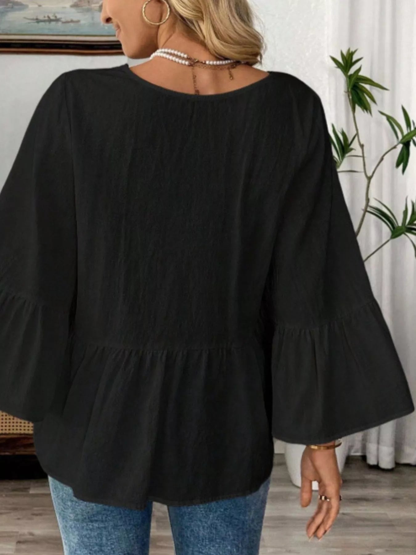 V-Neck Bell Sleeve Blouse 