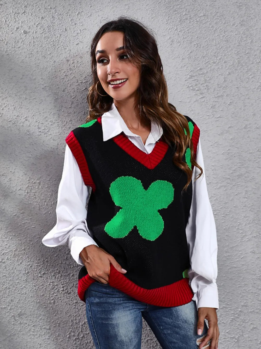 Four Leaf Clover V-Neck Sweater Vest 