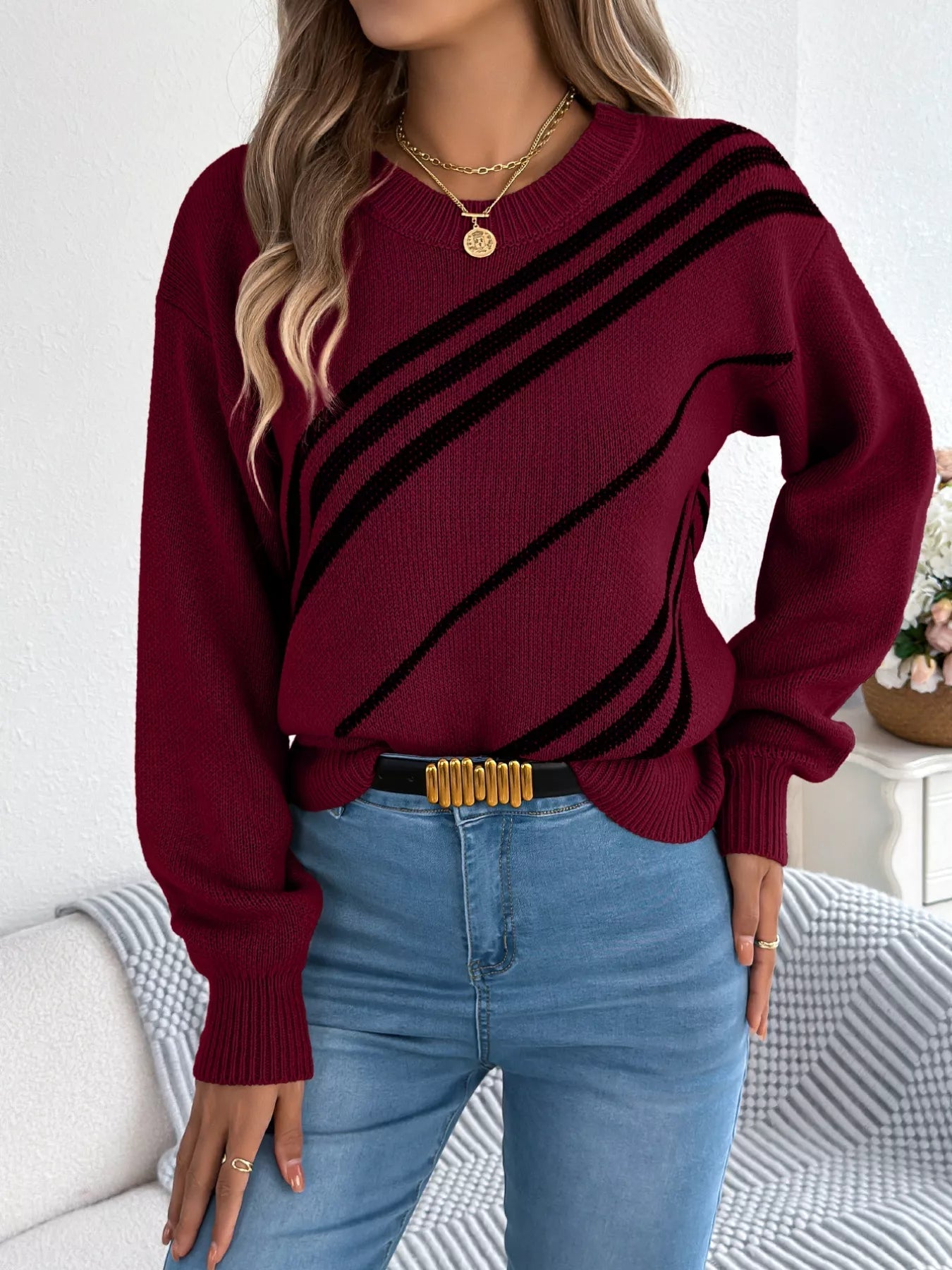Striped Pattern Casual Round Neck Sweater 