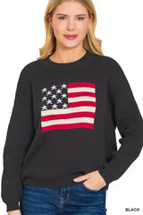 Zenana American Flag Crew Neck Sweater 