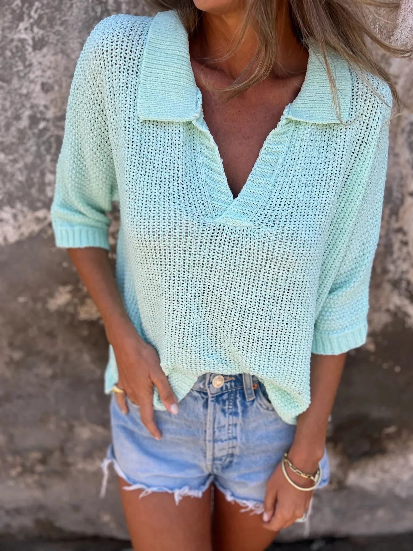 Full Size Johnny Collar Loose Knit Sweater Plus Size 
