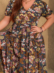 Plus Size V-Neck Short Sleeve Midi Dress 