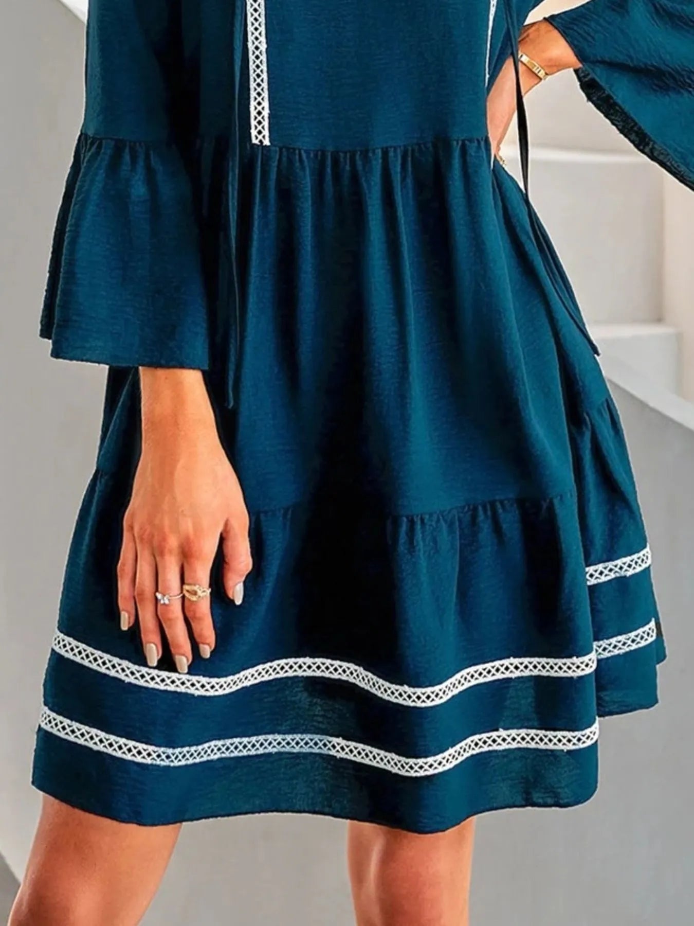 Tie-Neck Long Sleeve Mini Dress with Trim Detail 