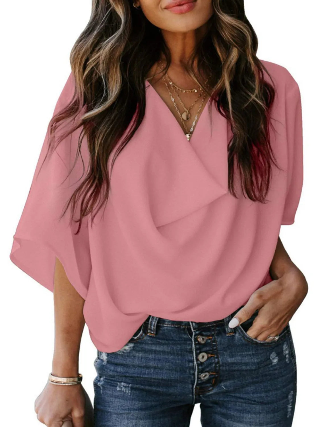 Full Size Ruched Three-Quarter Sleeve Blouse Plus Size 