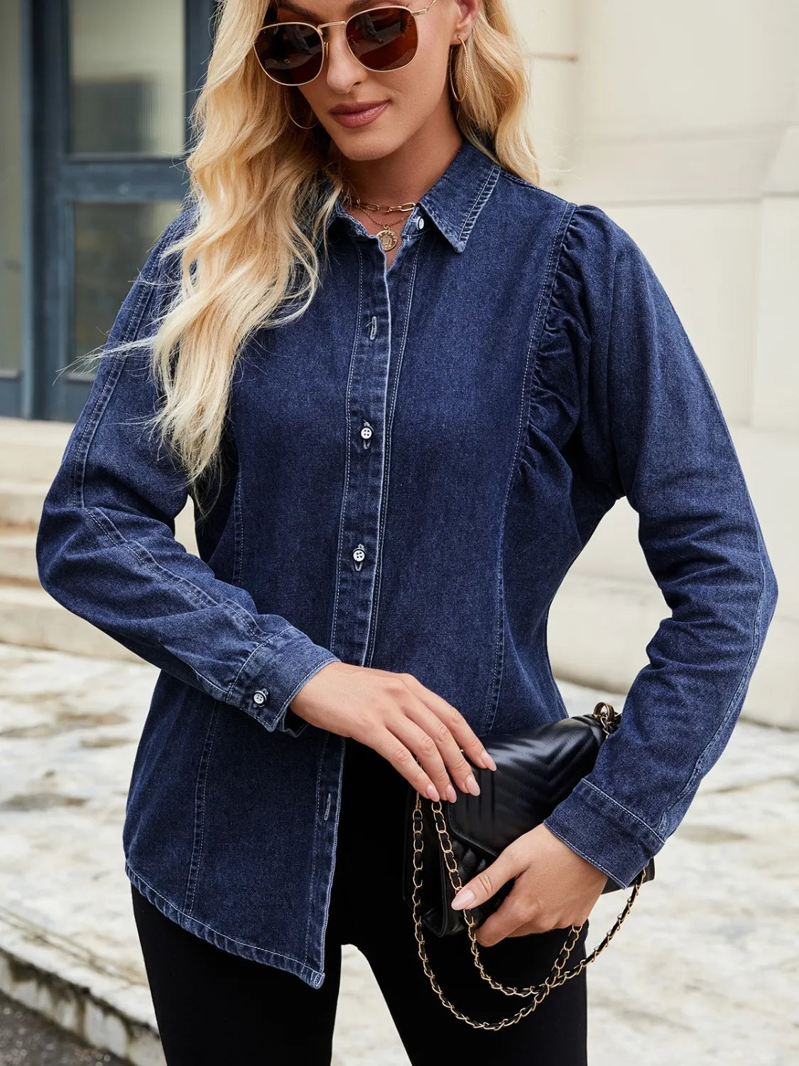 Button Down Collared Neck Denim Shirt 