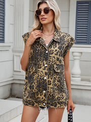 Leopard Buttton Up Denim Vest 