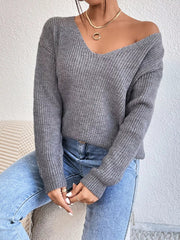 Lace-Trimmed Back V-Neck Sweater 