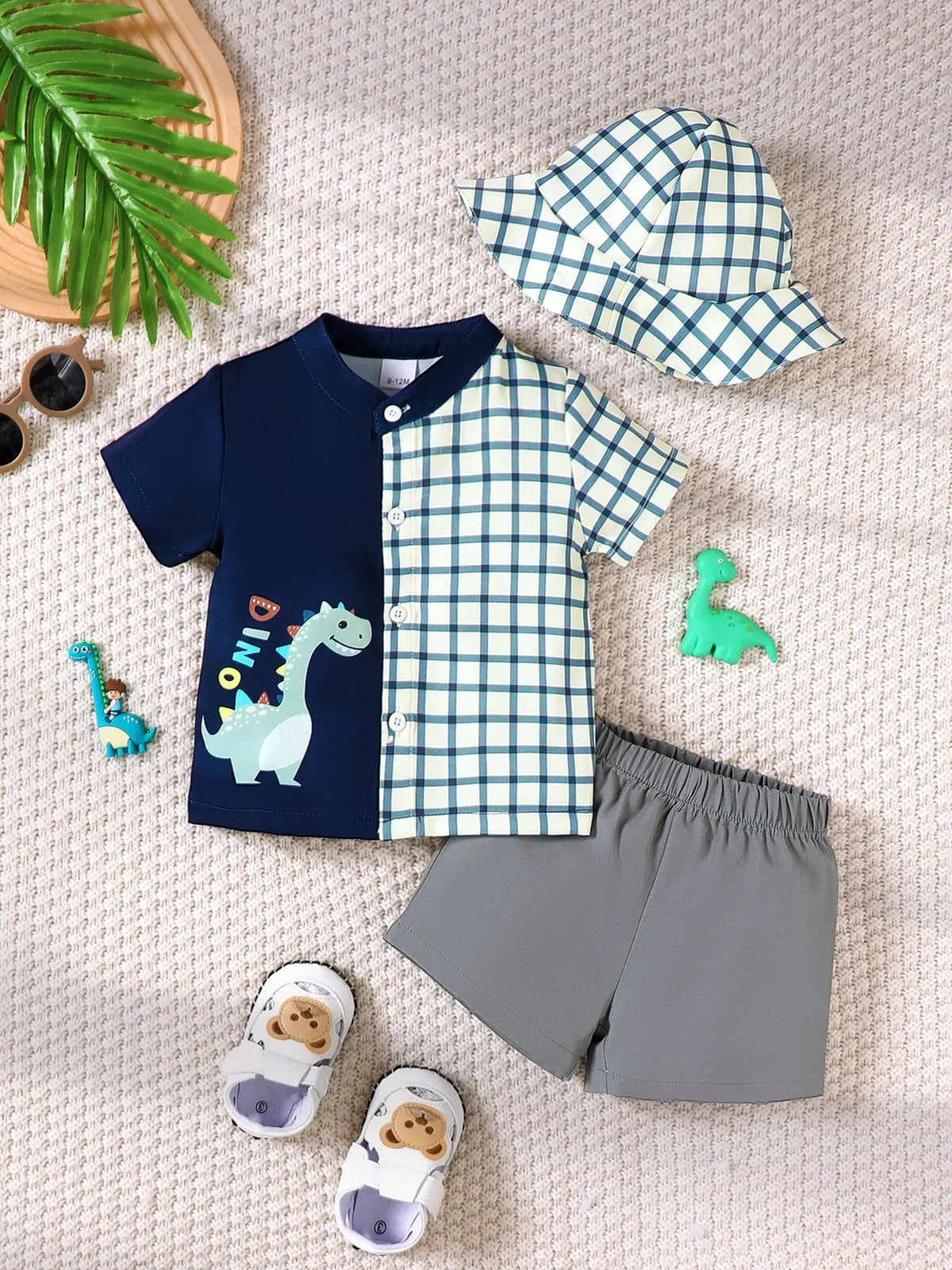 Children's Hat Dinosaur Plaid Button Up Top and Shorts 3-Piece Set 