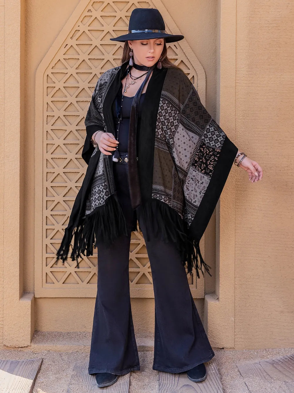 Plus Size Printed Fringe Open Front Outerwear 
