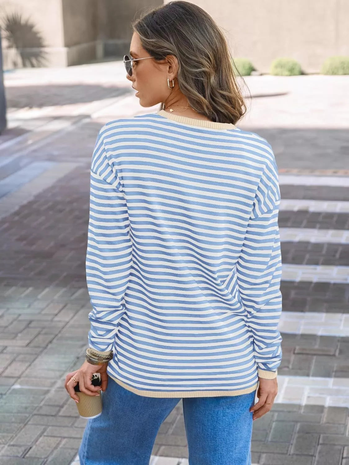Striped Long Sleeve Sweater with Contrast Ribbed Trim 