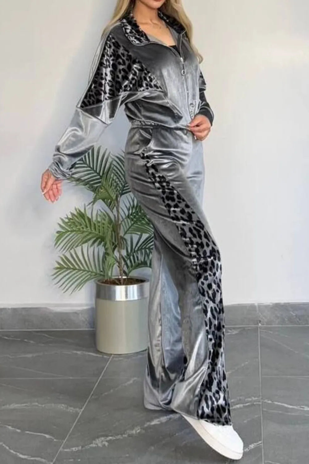 Full Size Collared Neck Leopard Zip Up Top and Pants Set Plus Size 