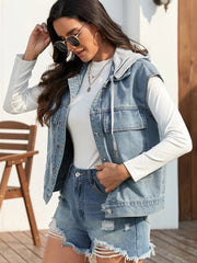 Drawstring Button Up Sleeveless Denim Jacket 