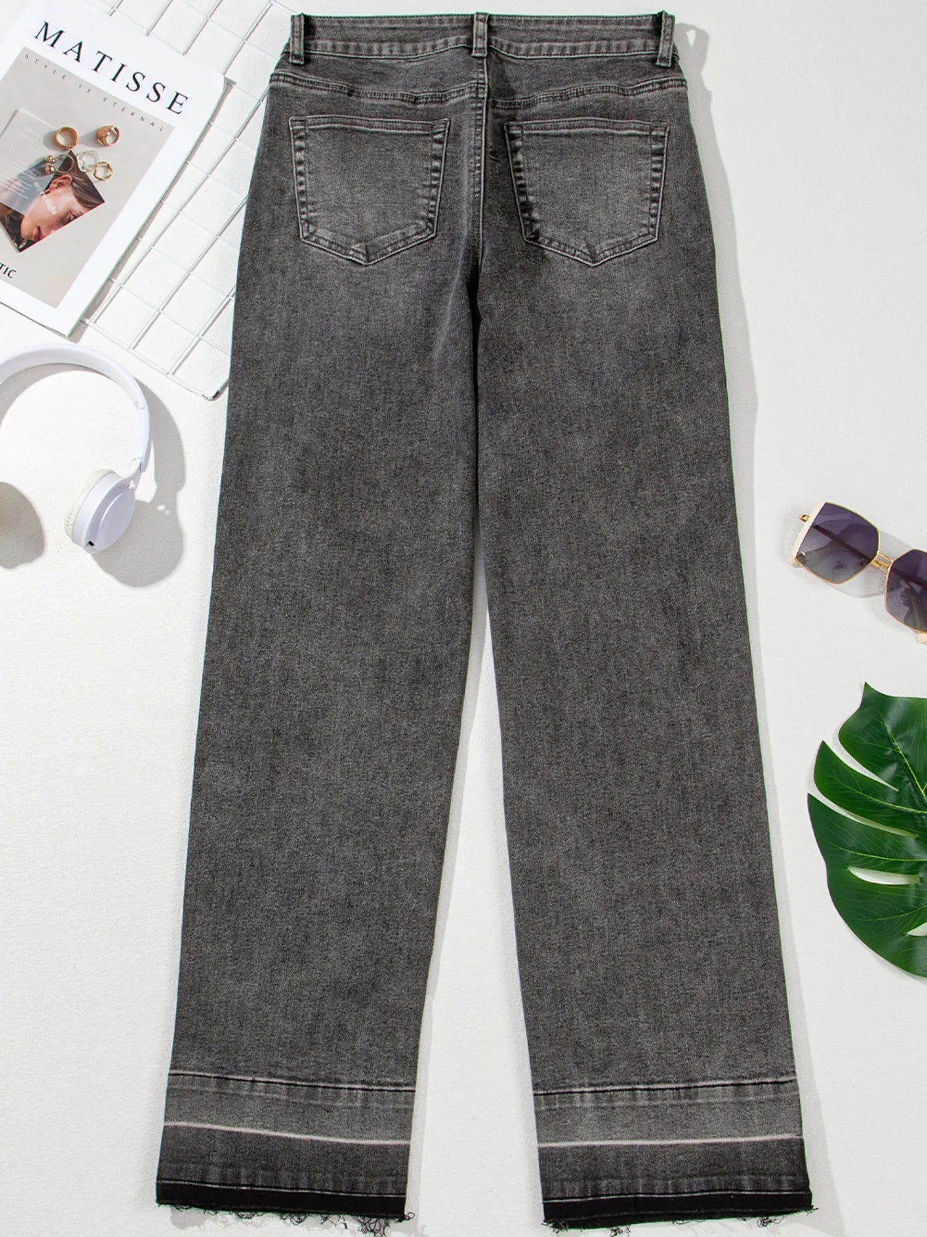Raw Hem Unique Cuffs Straight High Rise Loose Jeans 