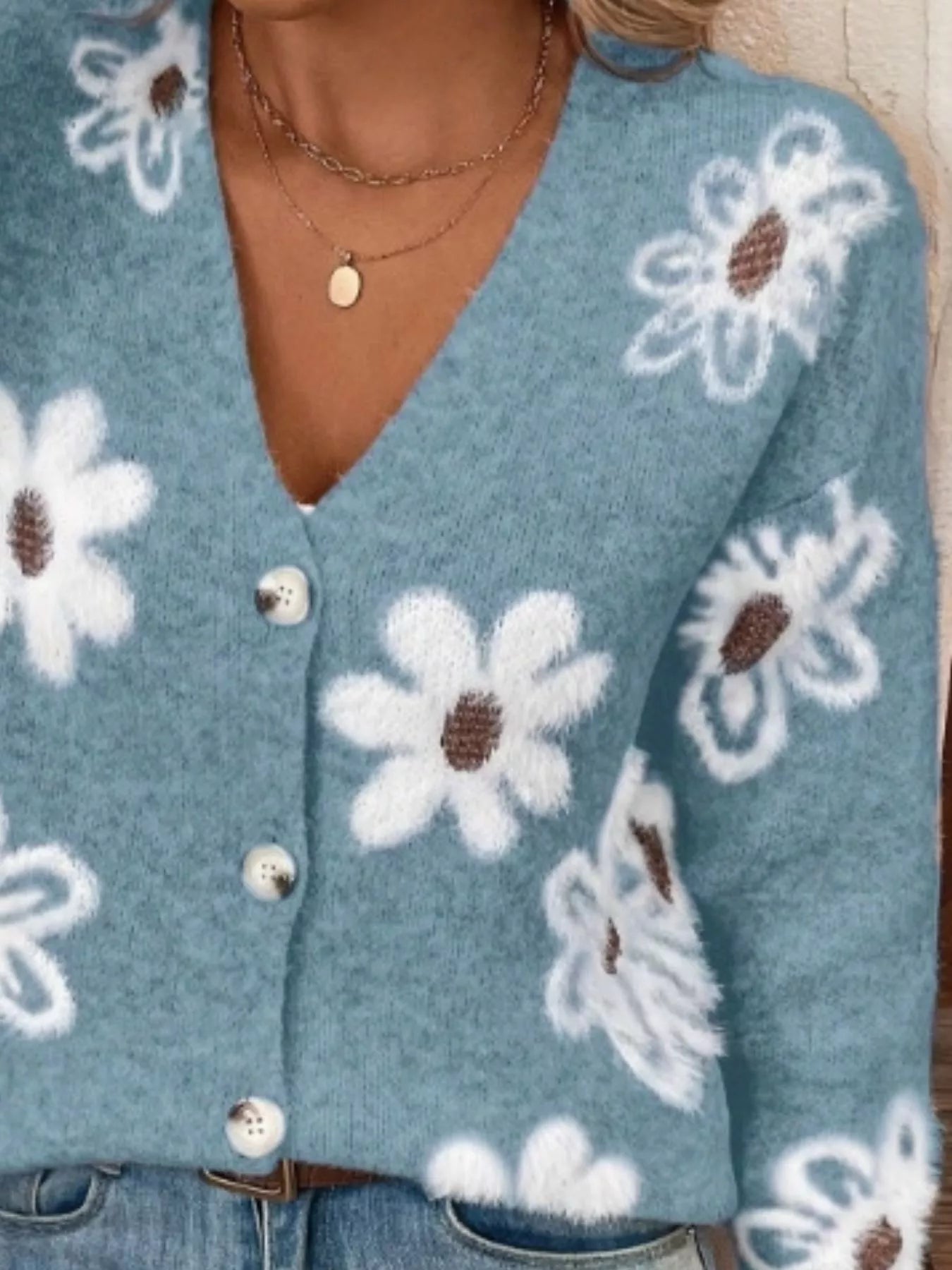 Floral Print Button-Up Knit Cardigan 