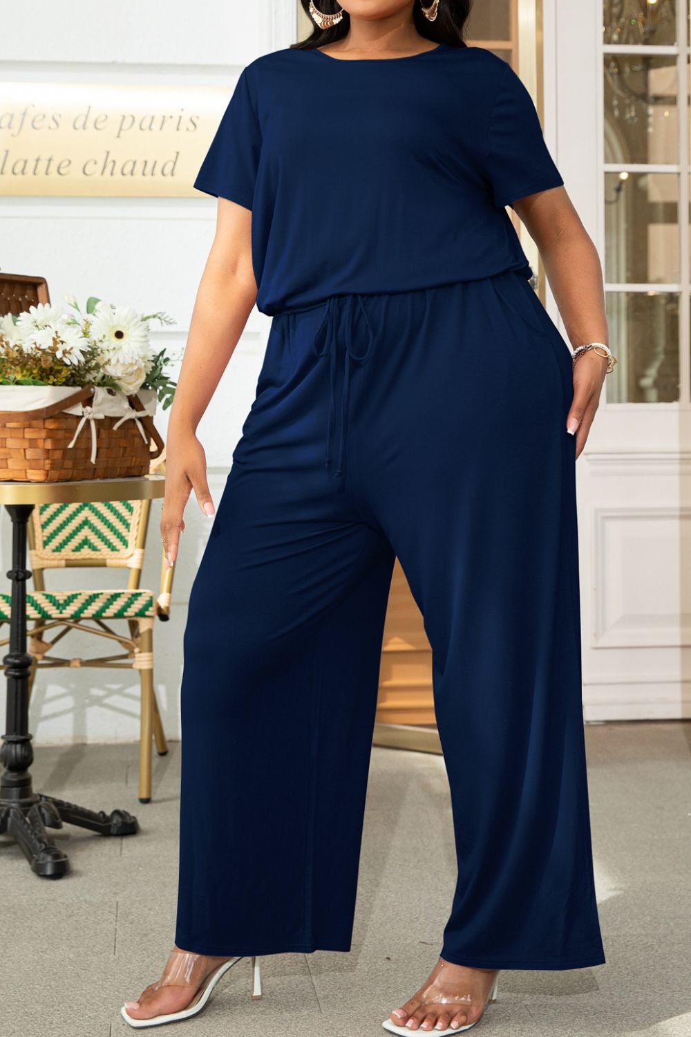 Plus Size Drawstring Waist Short Sleeve Jumpsuit 