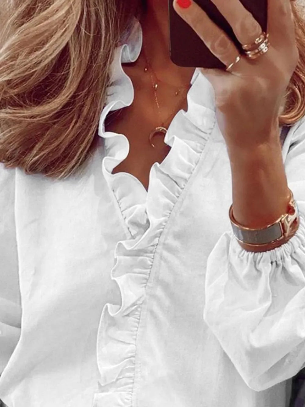 Ruffled V-Neck Long Sleeve Blouse 