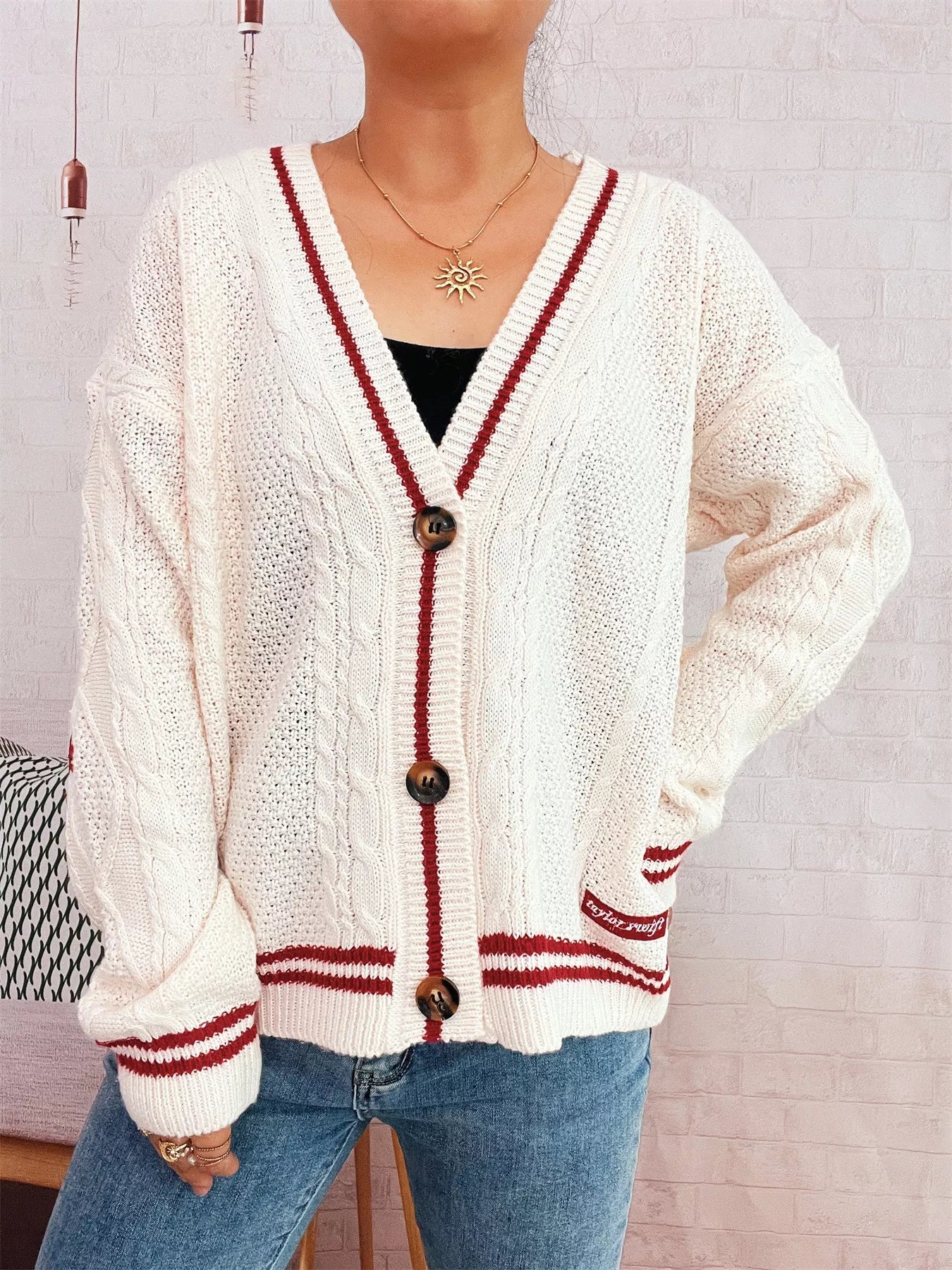 Star Pattern Button-Up Cardigan with Contrast Trim 