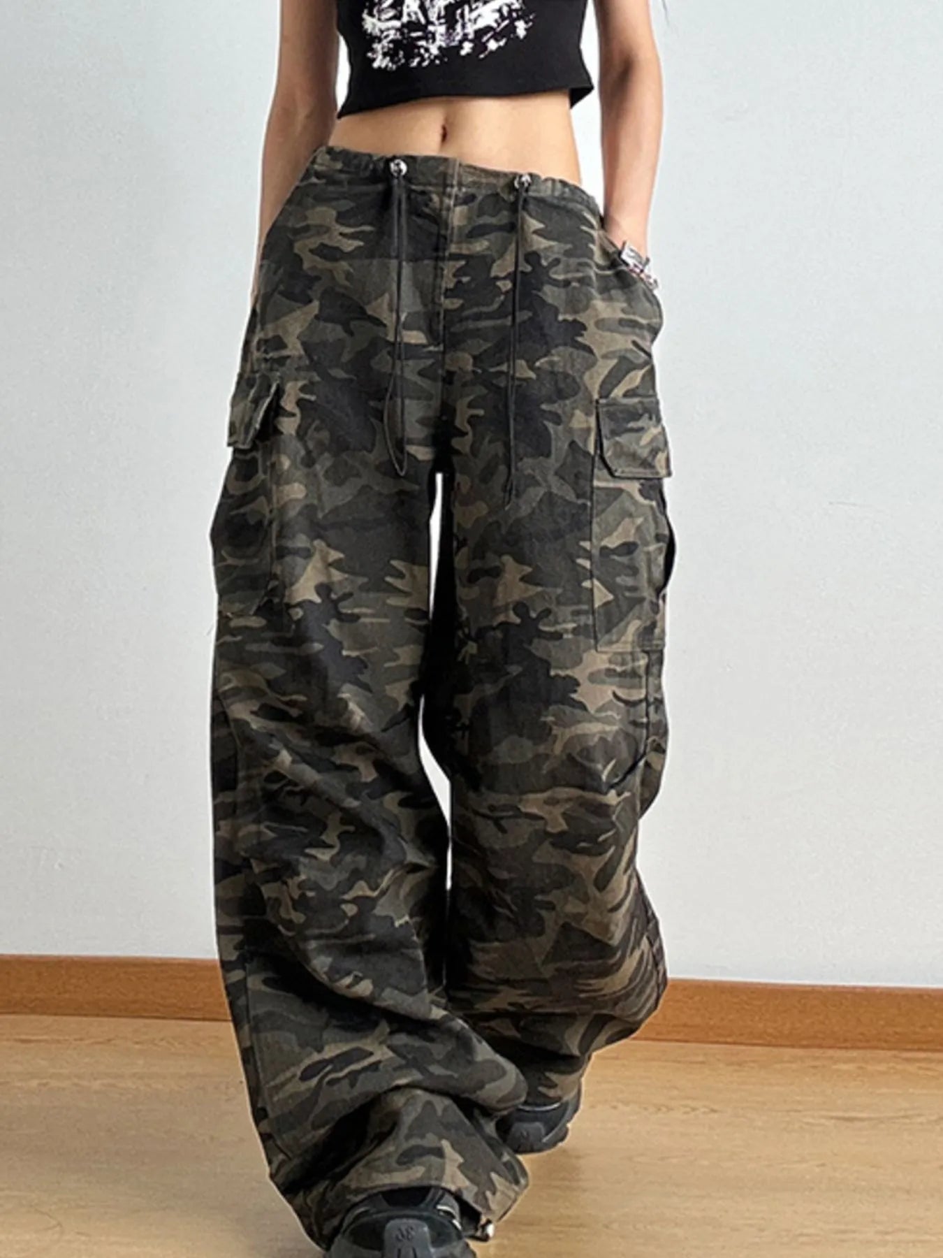 Drawstring Camouflage Cargo Wide Leg Jeans 