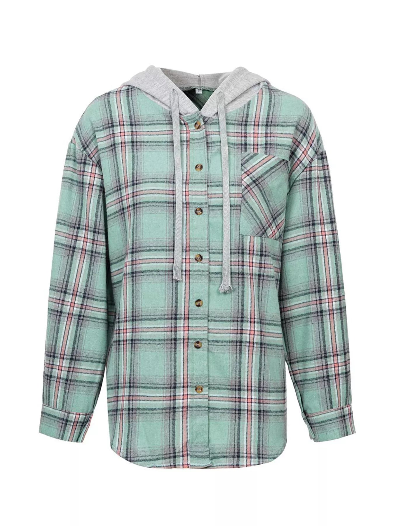 Plaid Button-Up Hooded Shirt with Chest Pocket 