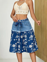 Floral Denim Skirt with Frayed Hem Detail 